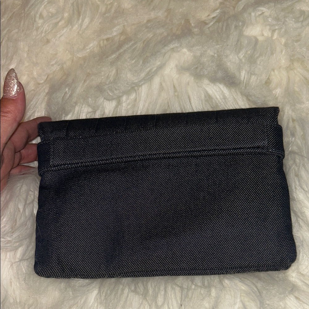CHANEL Mademoiselle Denim Quilted Clutch Bag Navy Silver Turnlock Auth - Picture 6 of 16